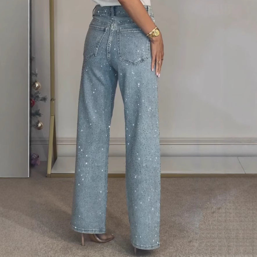Pantalon Denim Large Orné de Cristaux Lumineux