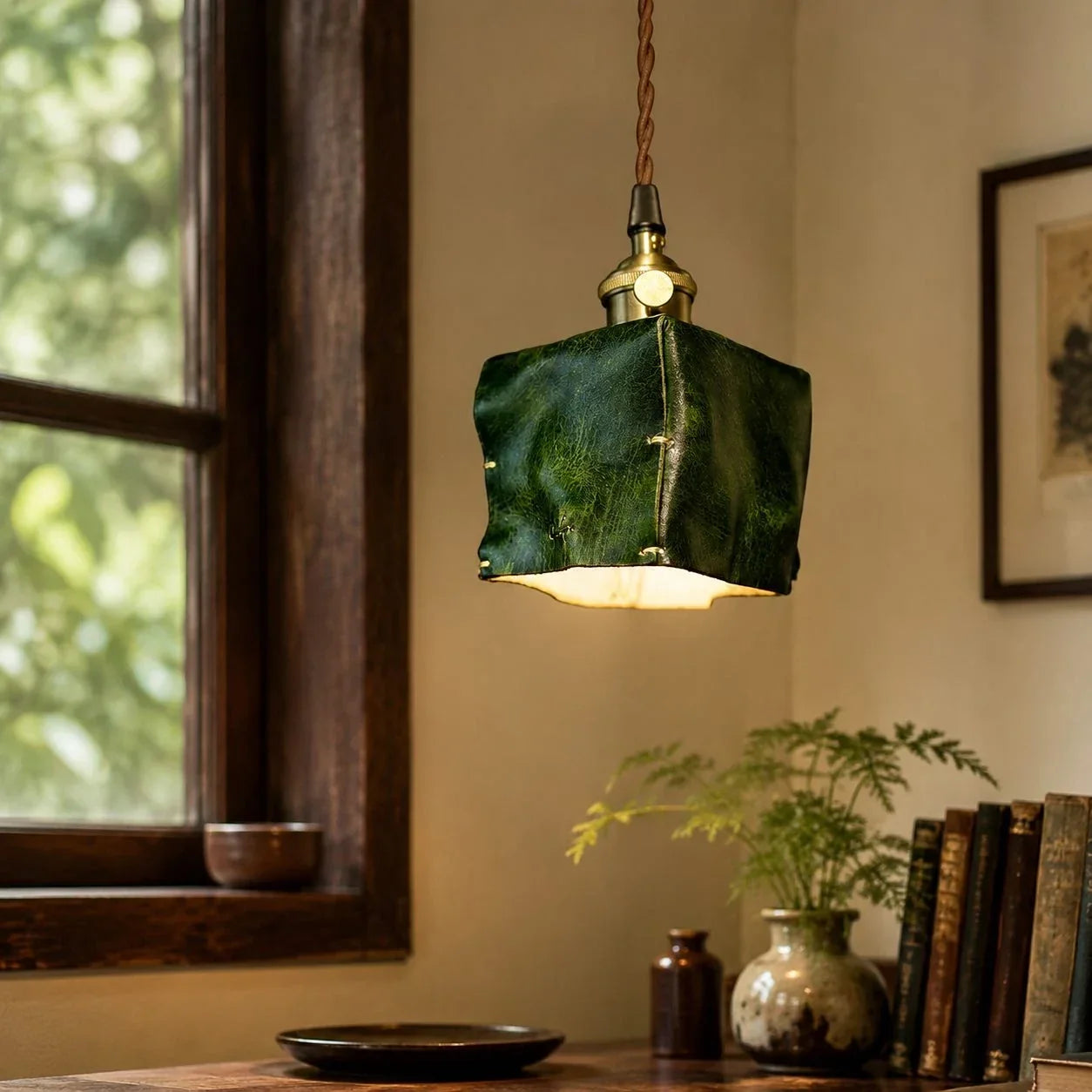 Hand-Shaped Leather Pendant Light — Brass Hardware, Deep Brown