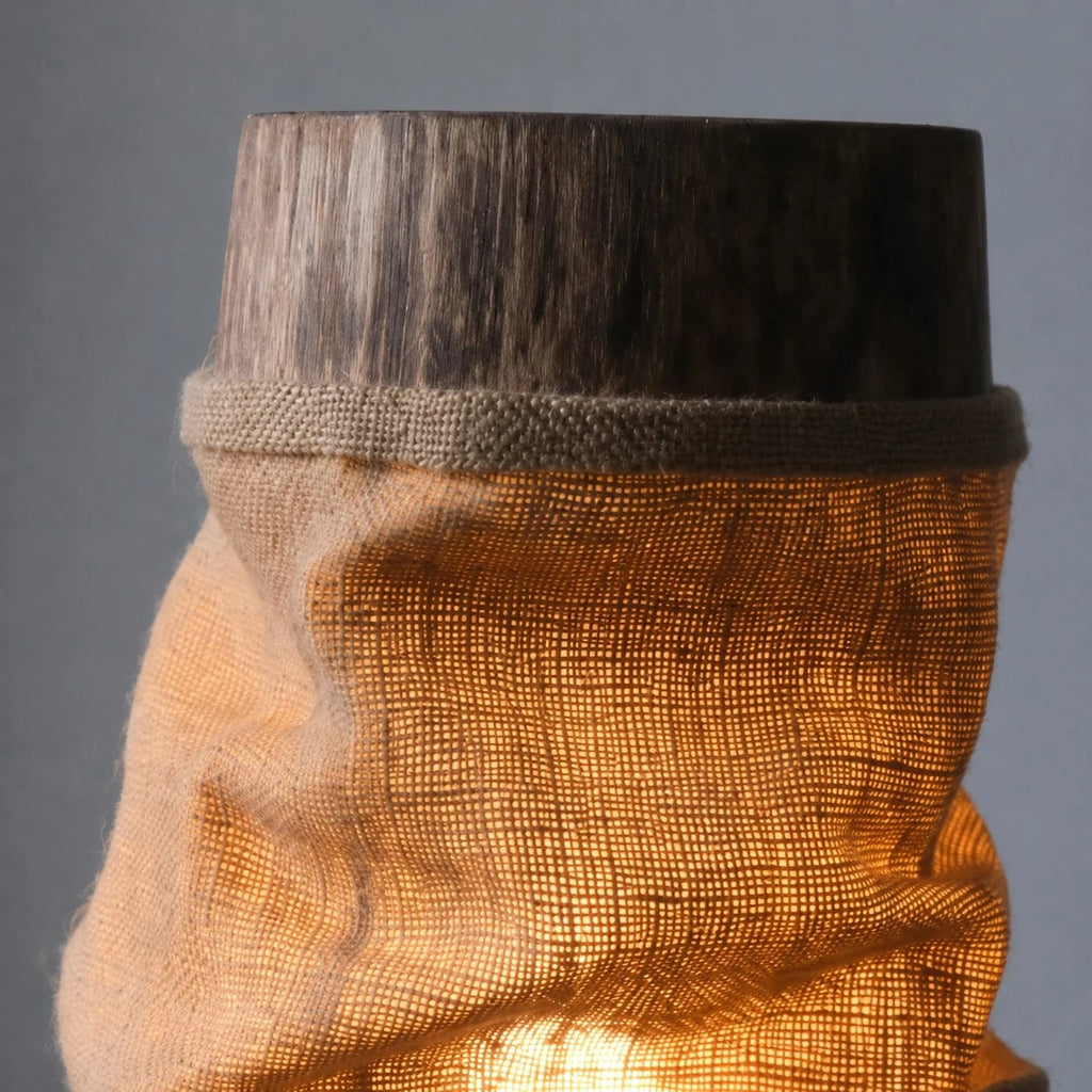 Sculptural Wood Base Table Lamp, Handcrafted Burlac Shade