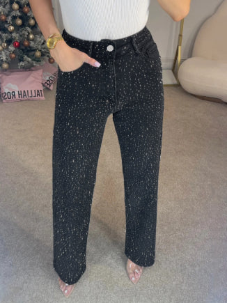 Pantalon Denim Large Orné de Cristaux Lumineux