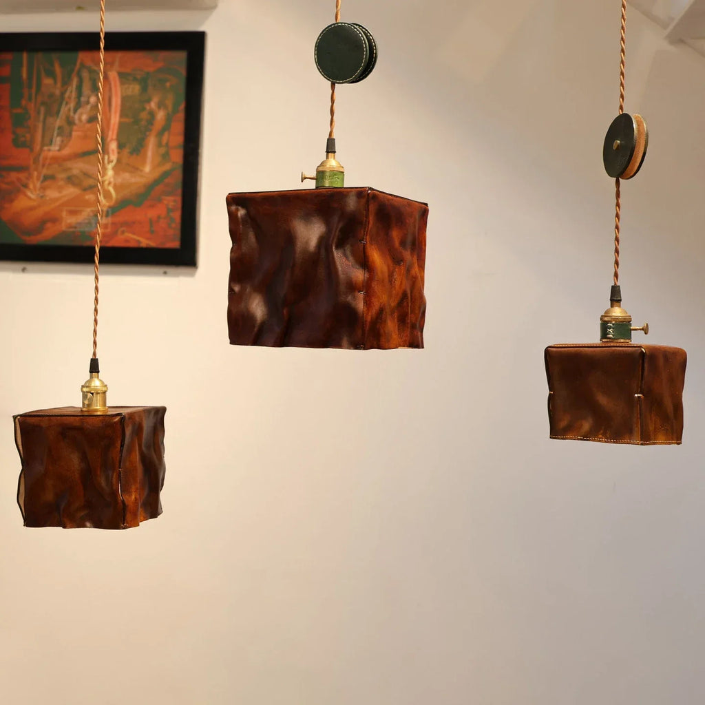 Hand-Shaped Leather Pendant Light — Brass Hardware, Deep Brown