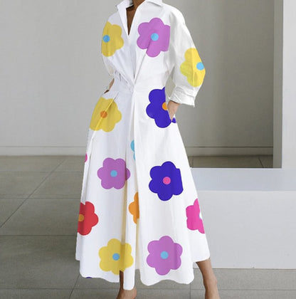 Robe Maxi Style Chemisier avec Taille Plissée et Coupe Évasée