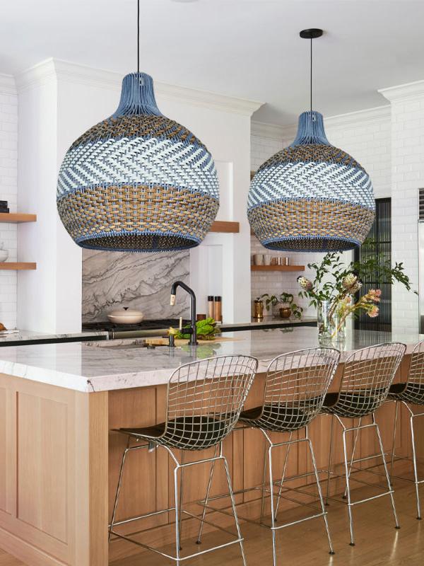 Blue Rattan Pendant Light — Handwoven Shade, Subtle Weave Texture