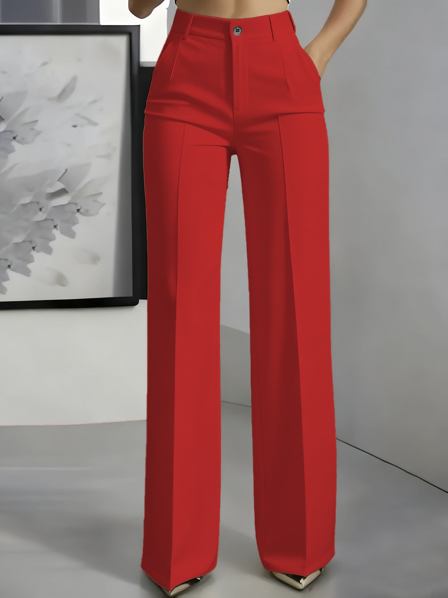 Pantalon de Tailleur Large à Taille Haute et Plis Marqués