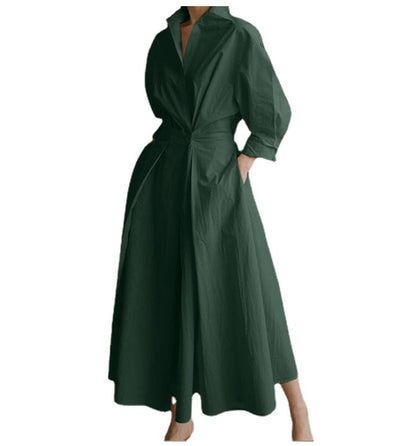 Robe Maxi Style Chemisier avec Taille Plissée et Coupe Évasée
