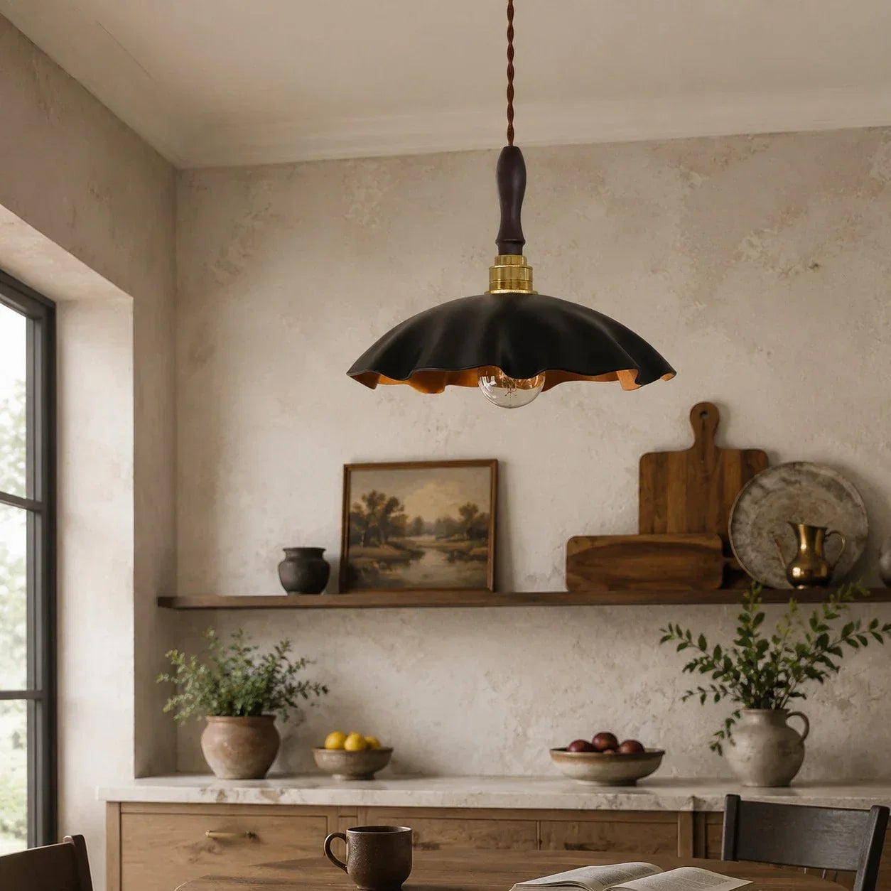 Handmade Distressed Cowhide Pendant Light — Brass Socket Hardware