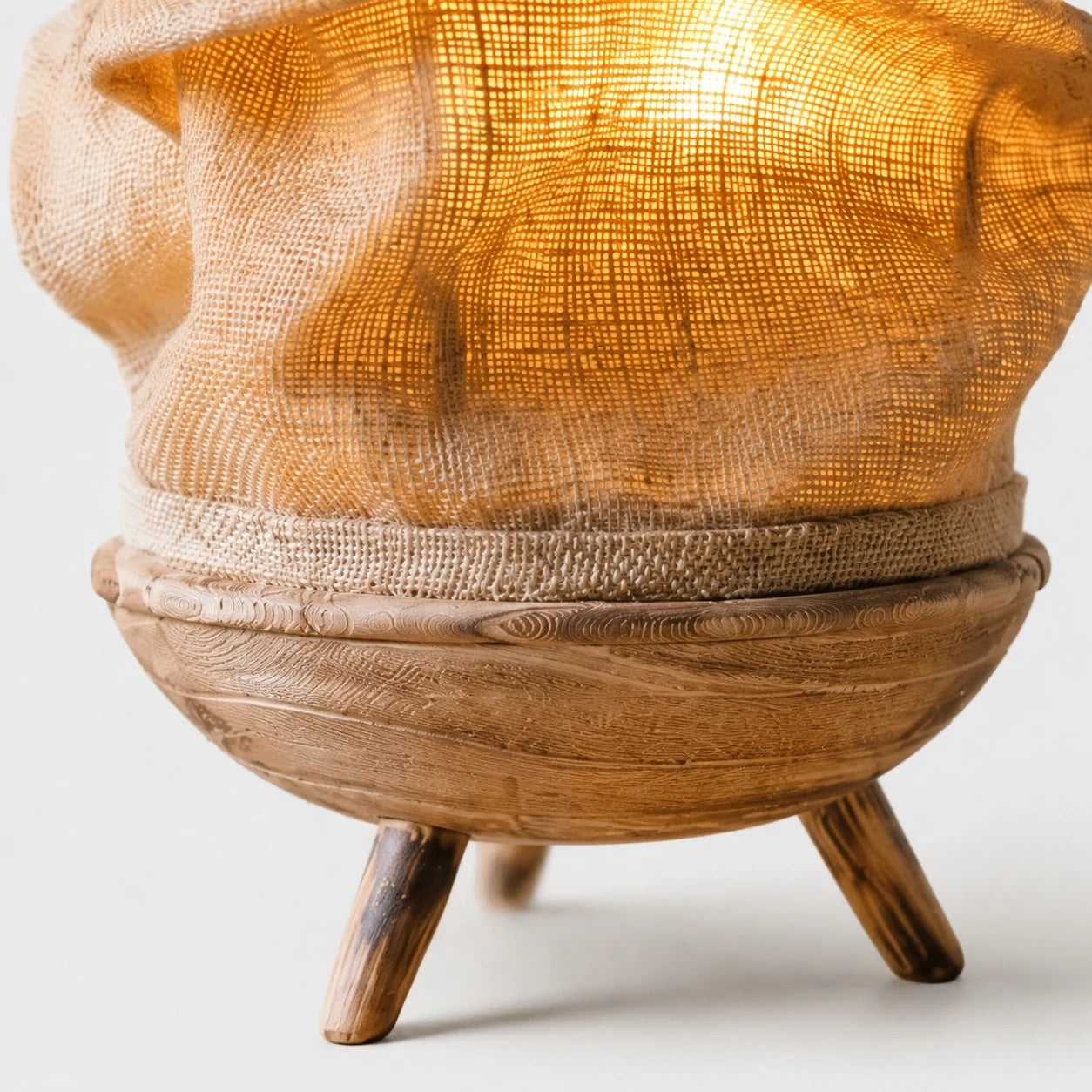 Sculptural Wood Base Table Lamp, Handcrafted Burlac Shade