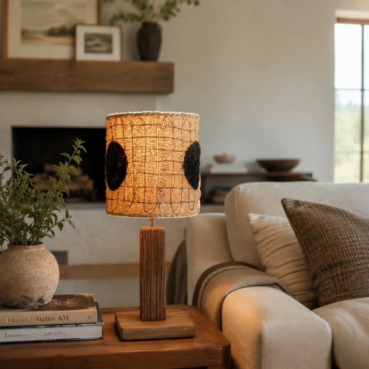 Loofah Fiber Table Lamp — Handwoven Shade and Carved Wood Base