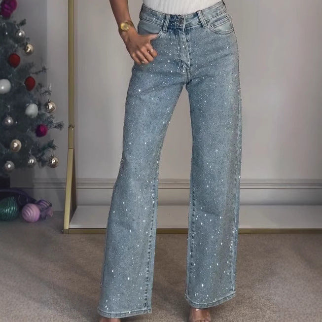Pantalon Denim Large Orné de Cristaux Lumineux