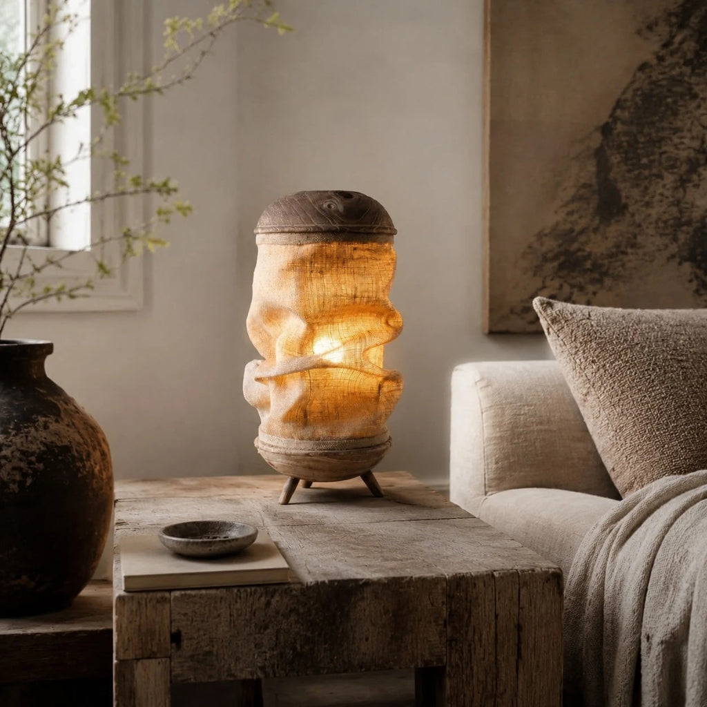 Sculptural Wood Base Table Lamp, Handcrafted Burlac Shade