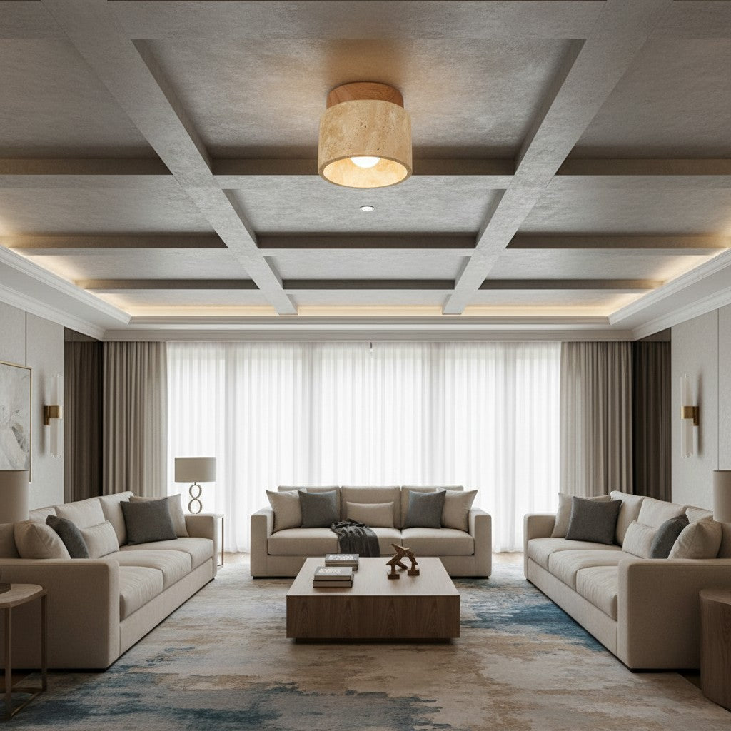 Travira Sculptural Wabi Sabi Ceiling Light — Travertine Marble and Wood