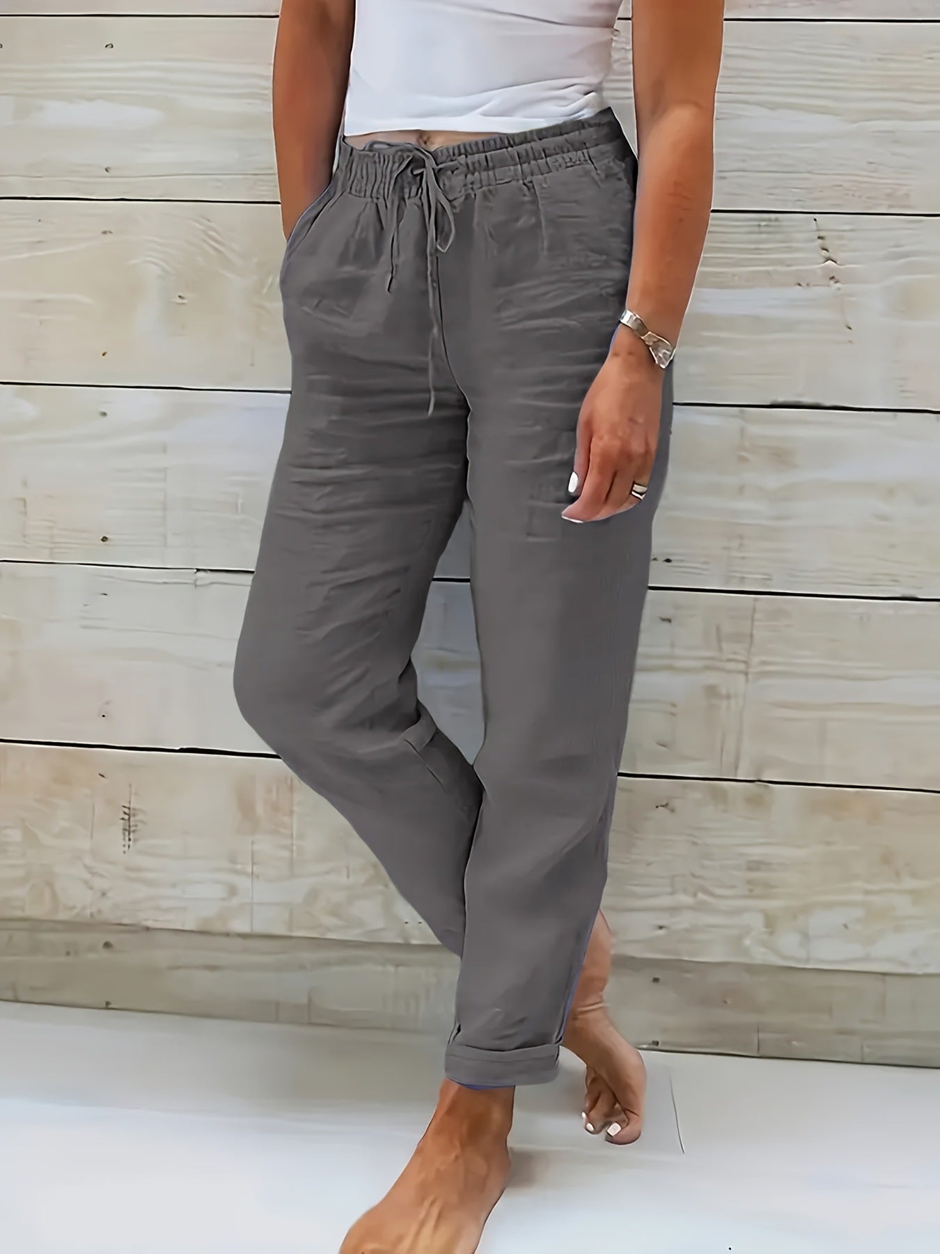 Pantalon Fluide en Coton et Lin - Taille Haute Élastique pour Femme