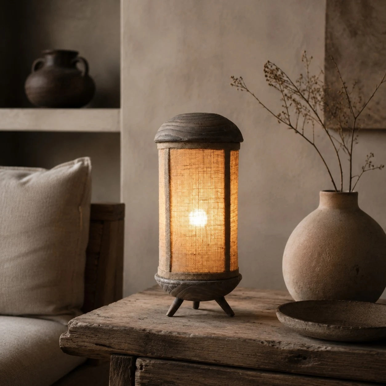 Sculptural Wood Base Table Lamp, Handcrafted Burlac Shade