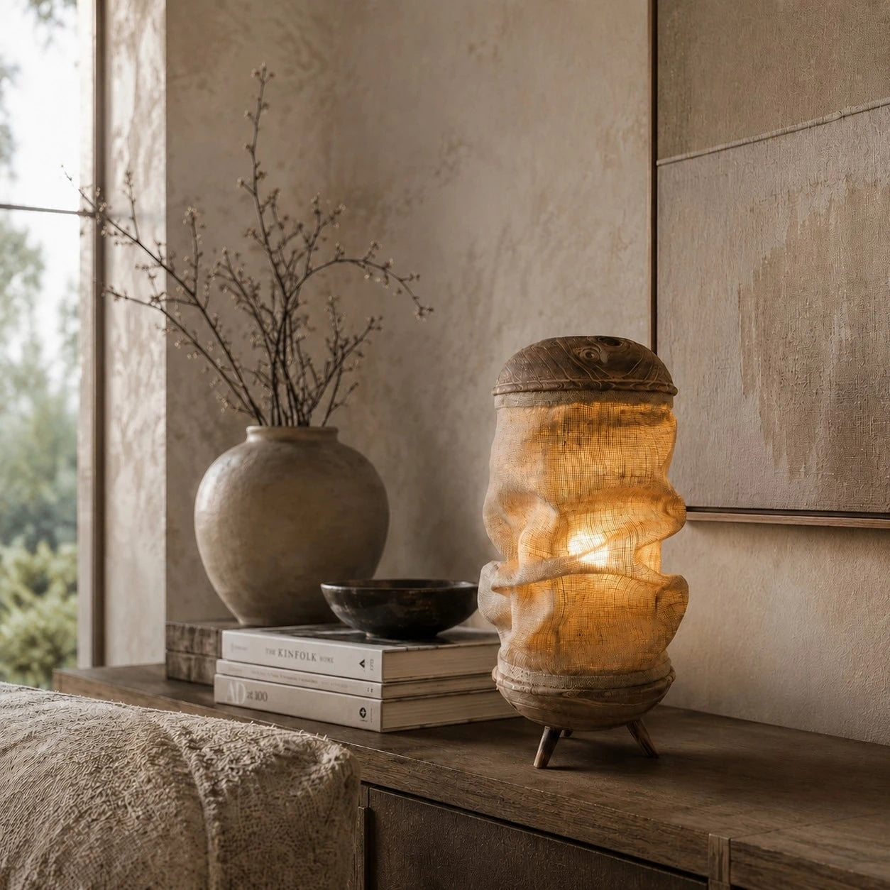 Sculptural Wood Base Table Lamp, Handcrafted Burlac Shade