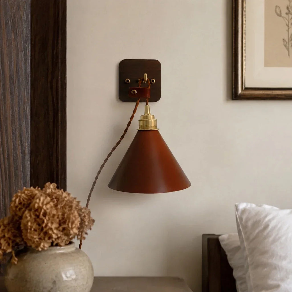 Hand-Stitched Leather Wall Sconce — Brass Collar, Cone Shape, 7.9 Inch Height