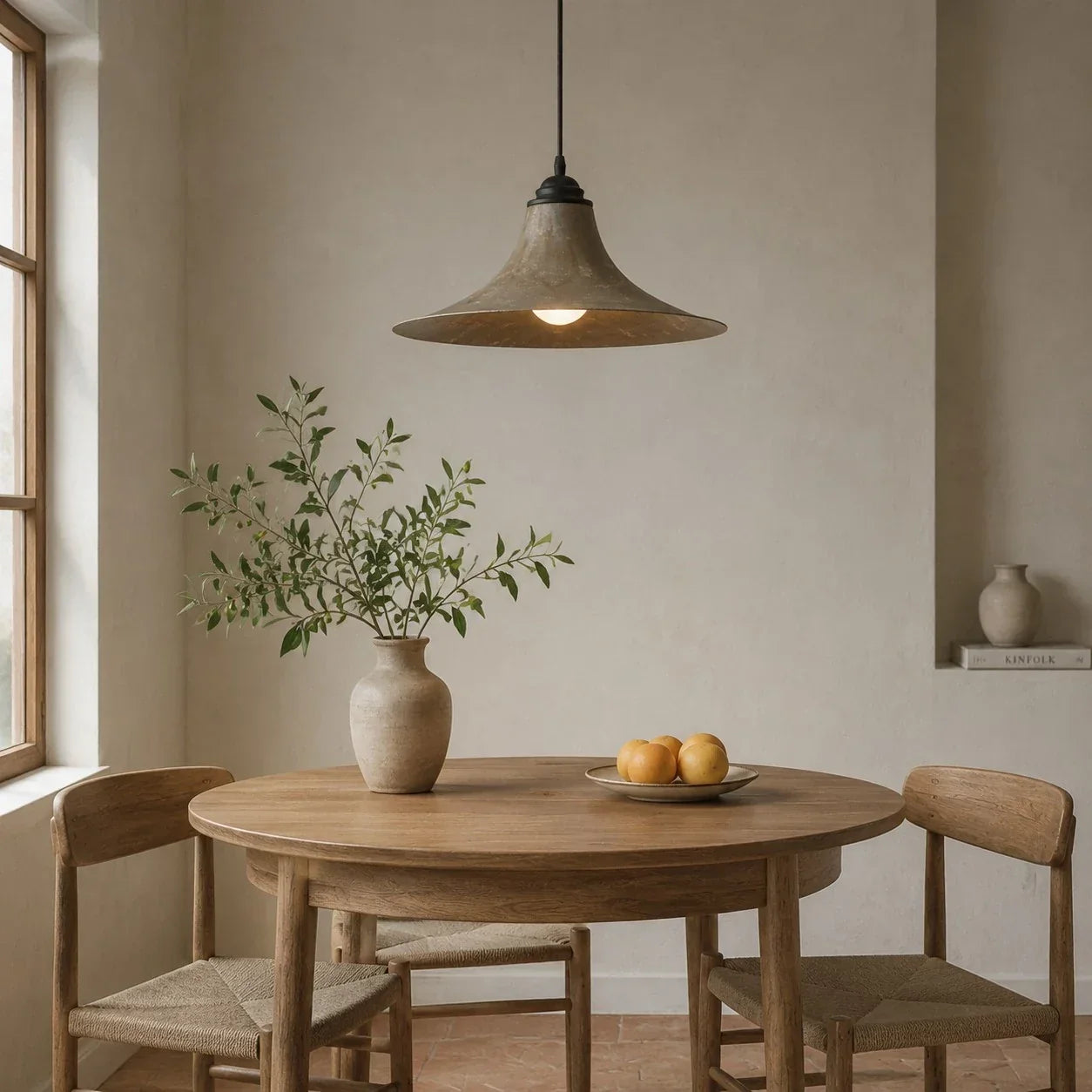 Low-Profile Wabi-Sabi Pendant Light — Hand-Finished 38 cm Matte Shade
