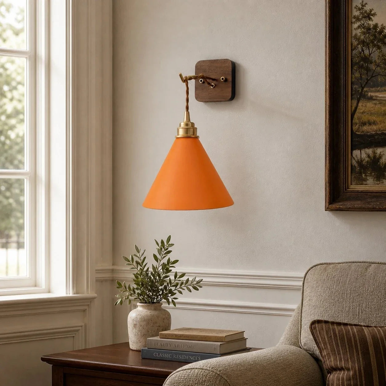 Hand-Stitched Leather Wall Sconce — Brass Collar, Cone Shape, 7.9 Inch Height