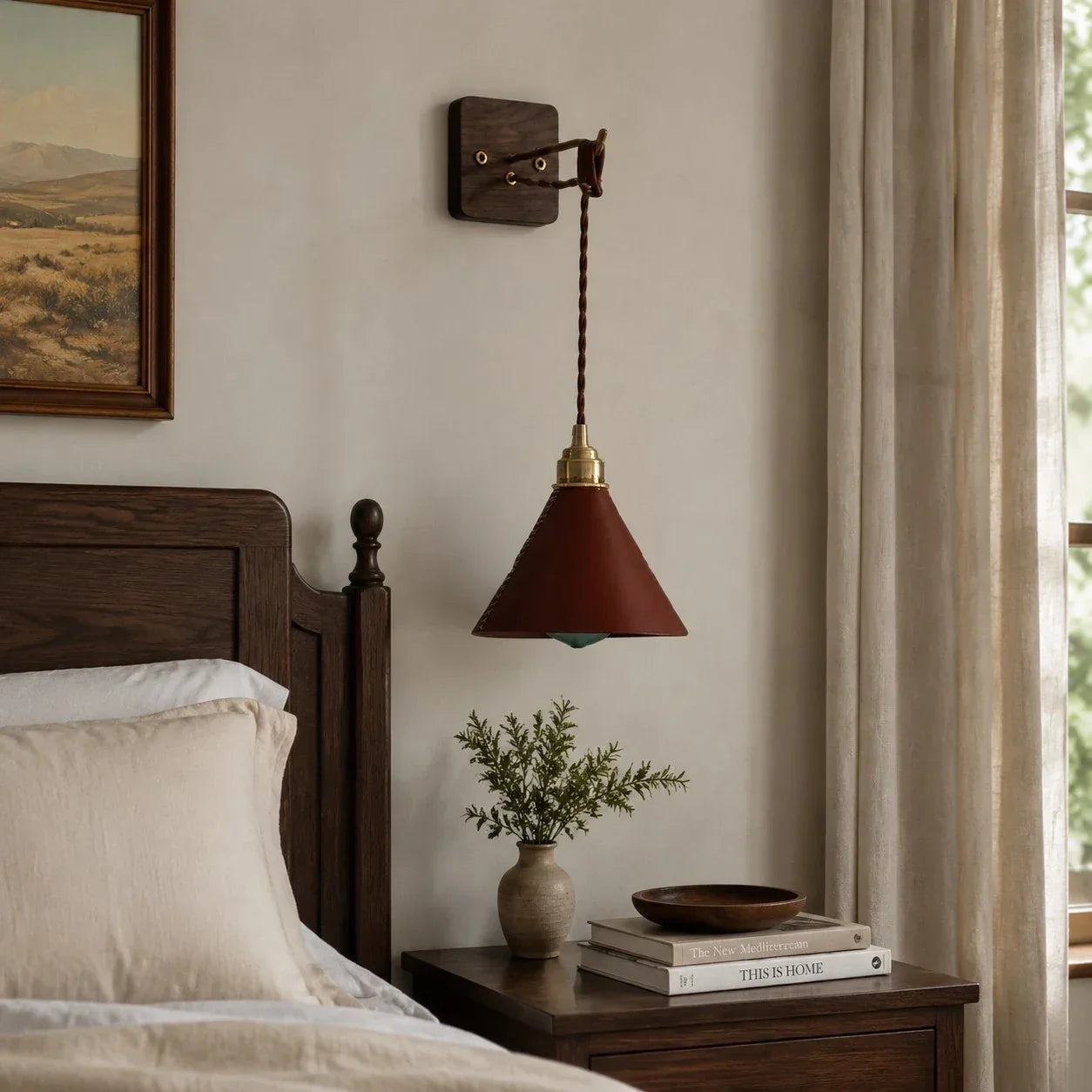 Hand-Stitched Leather Wall Sconce — Brass Collar, Cone Shape, 7.9 Inch Height