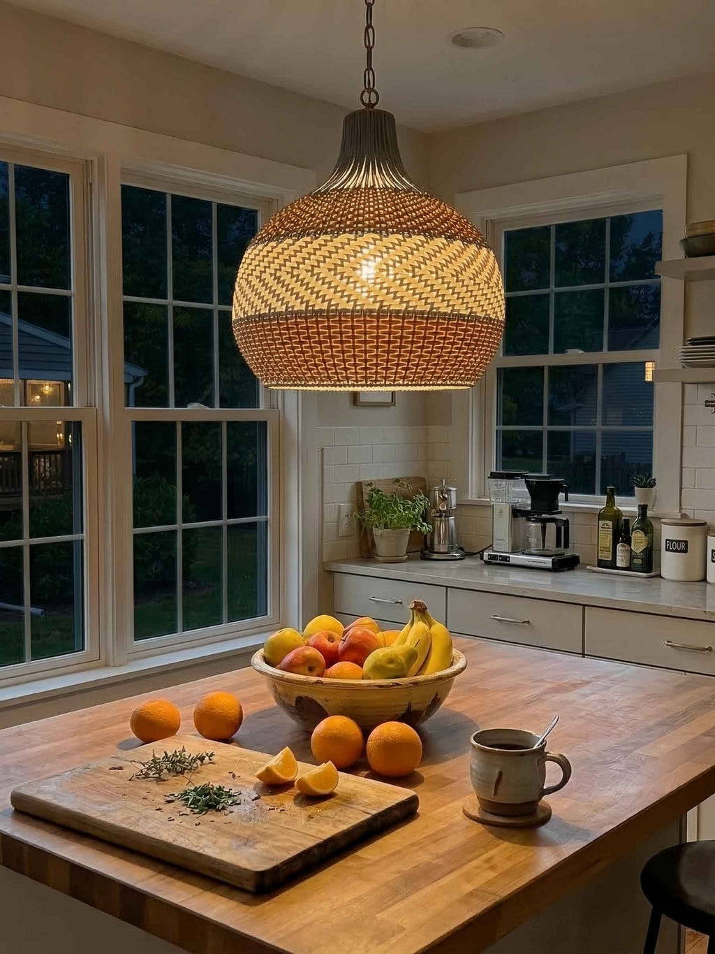 Blue Rattan Pendant Light — Handwoven Shade, Subtle Weave Texture