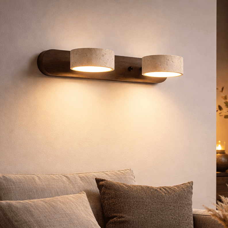 Modern LED Wall Light with Natural Travertine and Wood Design | fashely