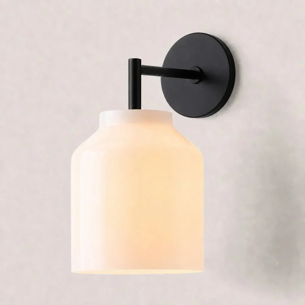 Hanton Minimal Wall Sconce — Vintage Milk Glass Shade, Metal Accent Hardware