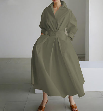 Robe Maxi Style Chemisier avec Taille Plissée et Coupe Évasée