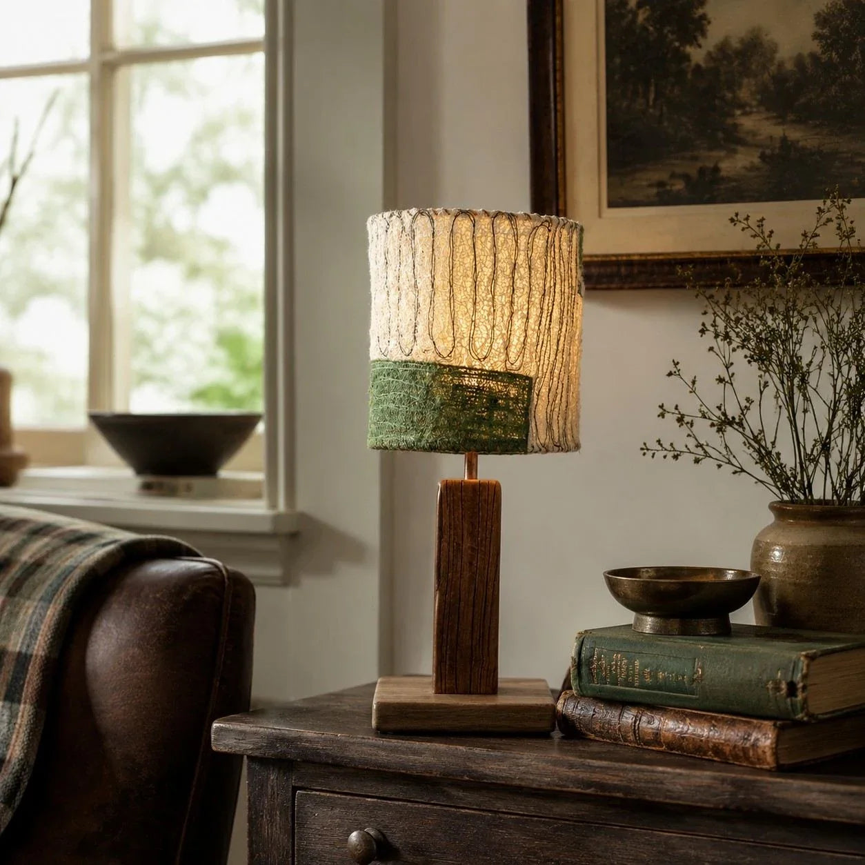 Loofah Fiber Table Lamp — Handwoven Shade and Carved Wood Base