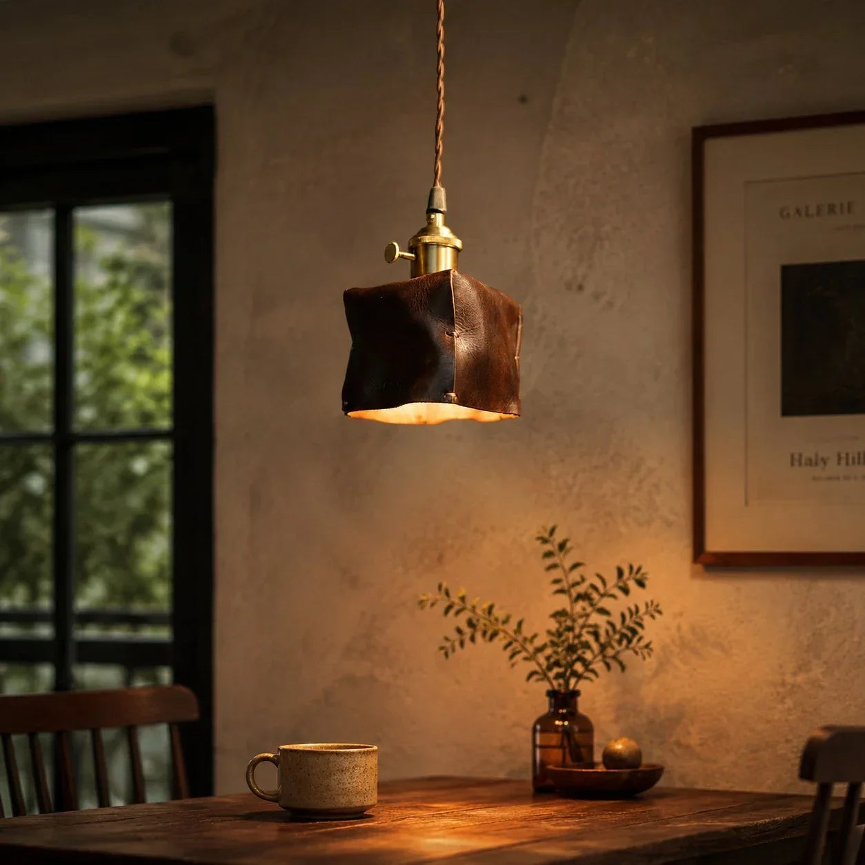Hand-Shaped Leather Pendant Light — Brass Hardware, Deep Brown