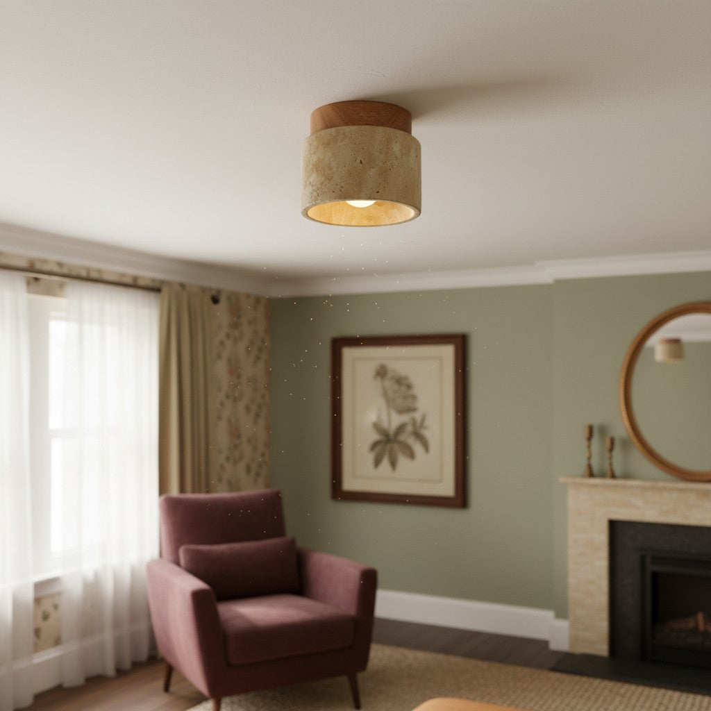 Travira Sculptural Wabi Sabi Ceiling Light — Travertine Marble and Wood