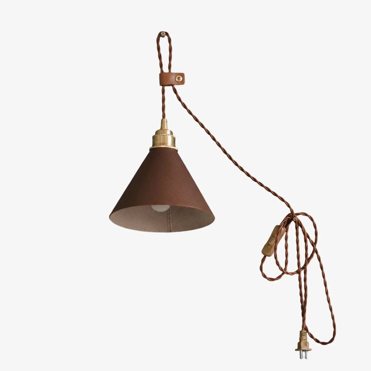 Hand-Stitched Leather Wall Sconce — Brass Collar, Cone Shape, 7.9 Inch Height