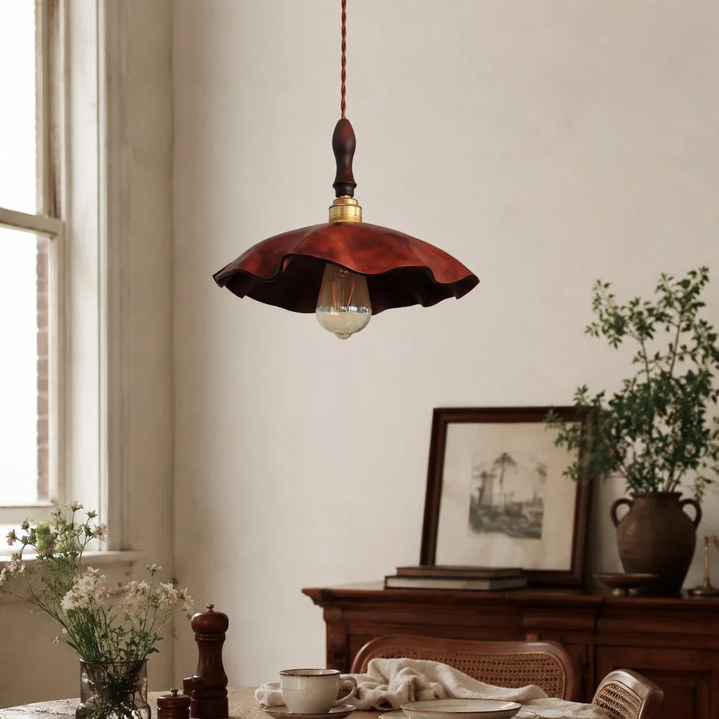 Handmade Distressed Cowhide Pendant Light — Brass Socket Hardware