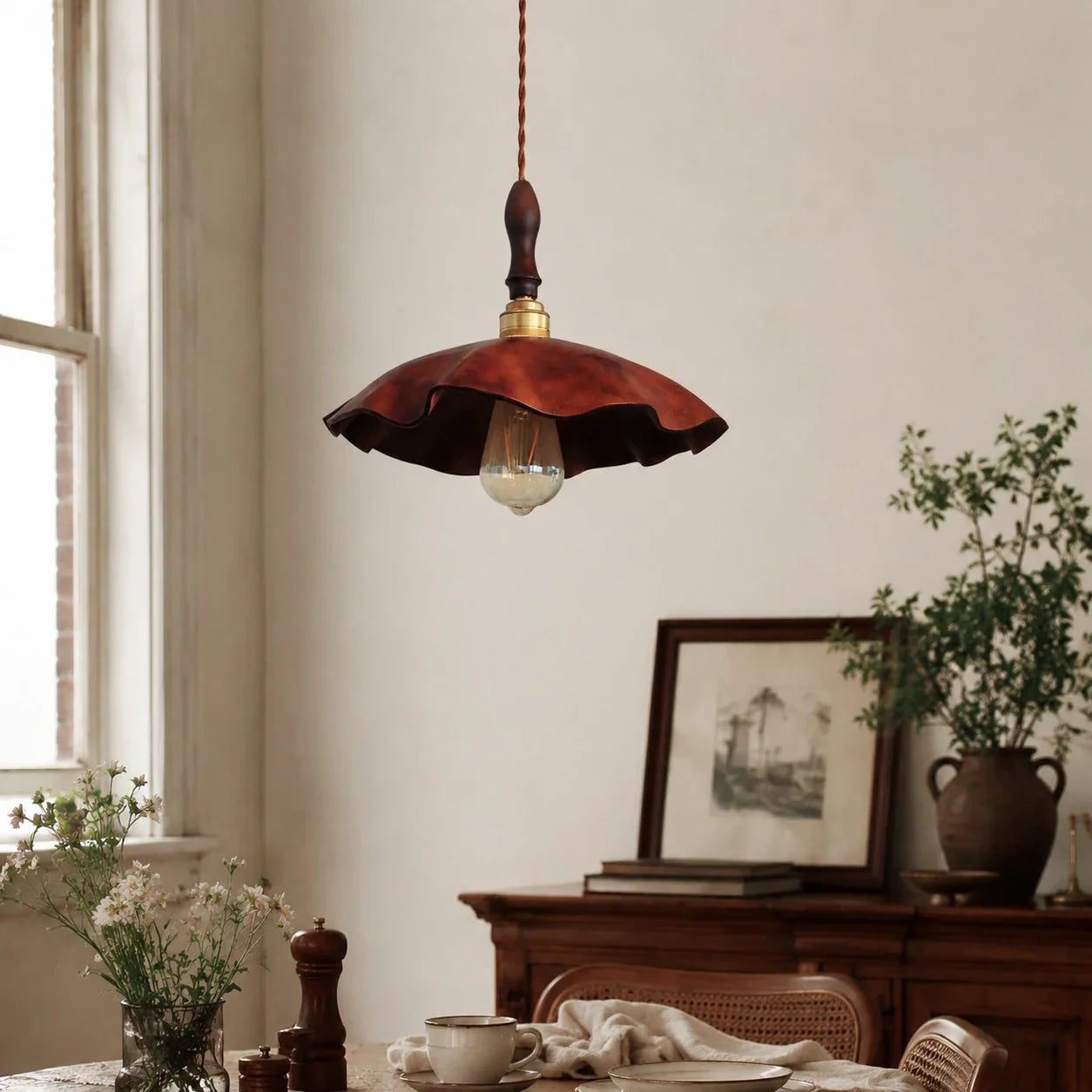 Handmade Distressed Cowhide Pendant Light — Brass Socket Hardware