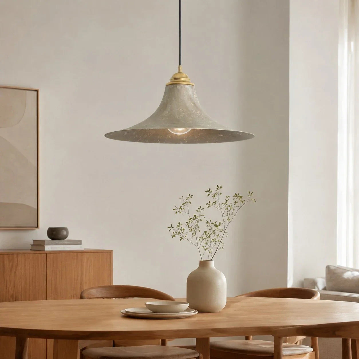 Low-Profile Wabi-Sabi Pendant Light — Hand-Finished 38 cm Matte Shade
