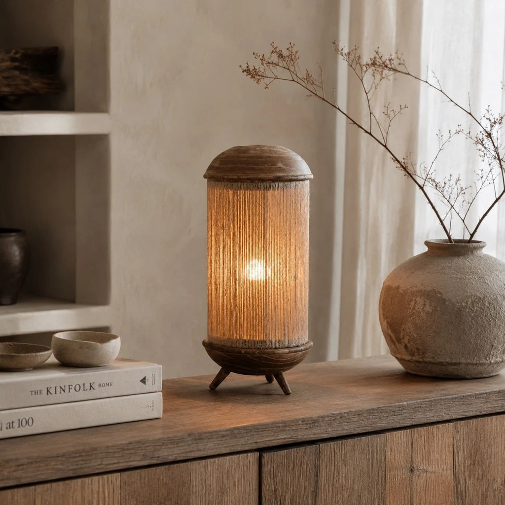 Sculptural Wood Base Table Lamp, Handcrafted Burlac Shade