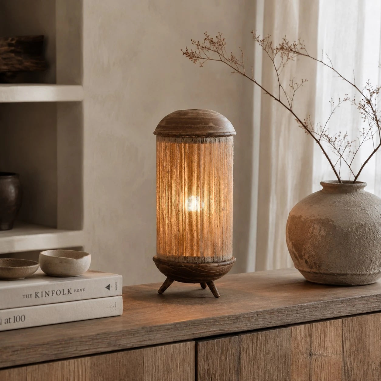 Sculptural Wood Base Table Lamp, Handcrafted Burlac Shade