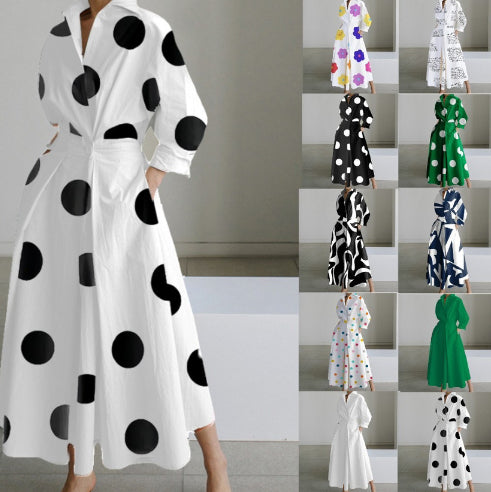 Robe Maxi Style Chemisier avec Taille Plissée et Coupe Évasée