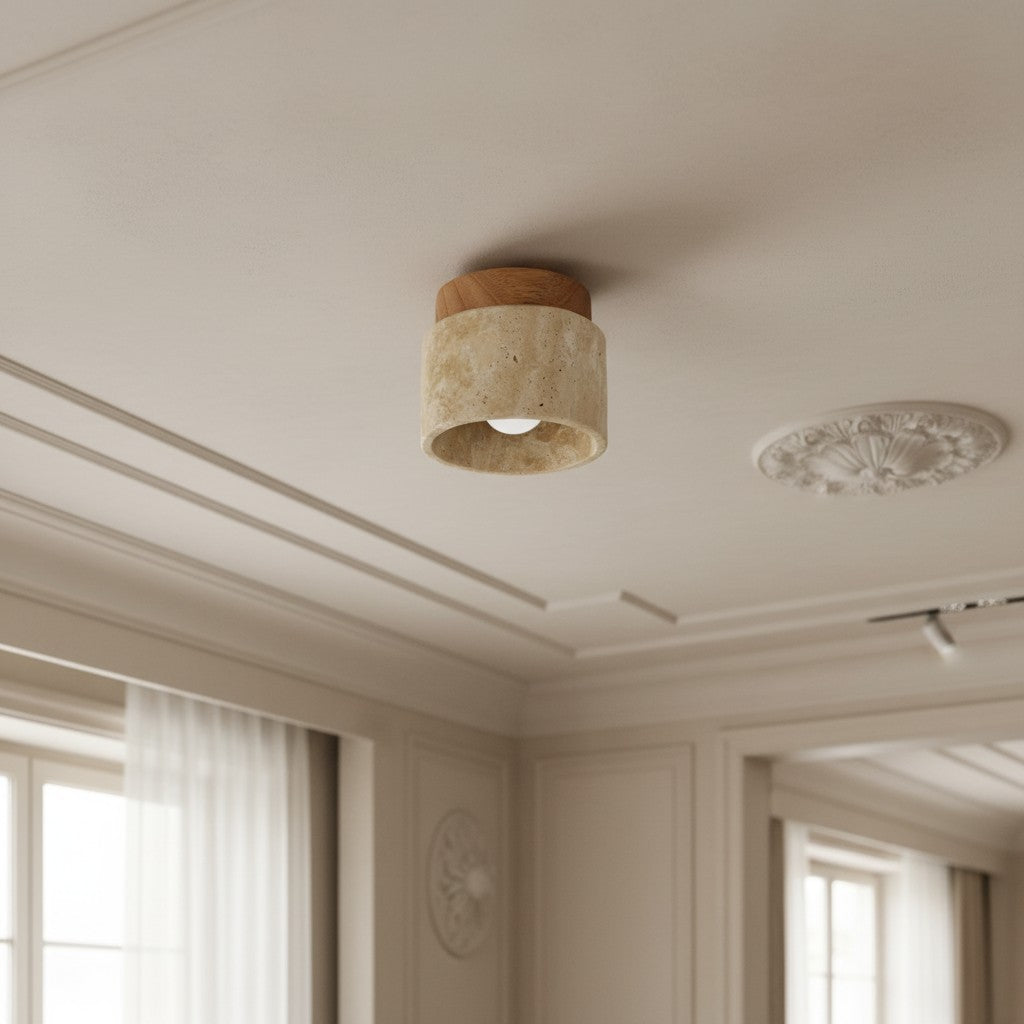 Travira Sculptural Wabi Sabi Ceiling Light — Travertine Marble and Wood