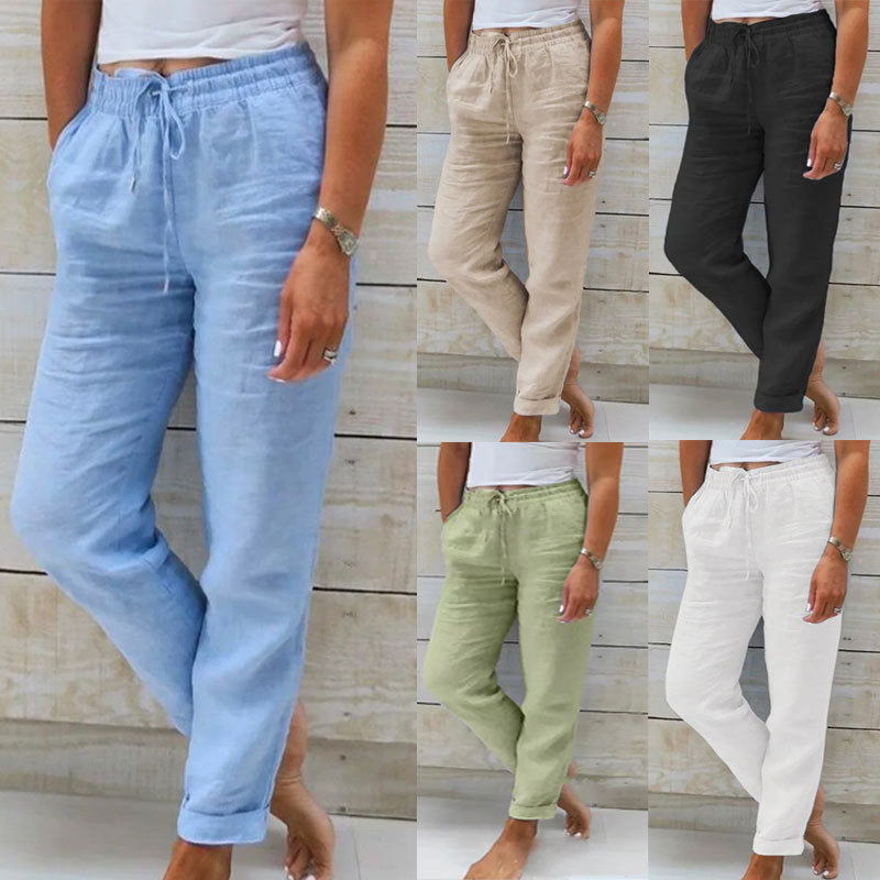 Pantalon Fluide en Coton et Lin - Taille Haute Élastique pour Femme