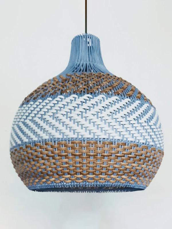 Blue Rattan Pendant Light — Handwoven Shade, Subtle Weave Texture