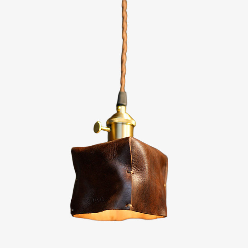 Hand-Shaped Leather Pendant Light — Brass Hardware, Deep Brown