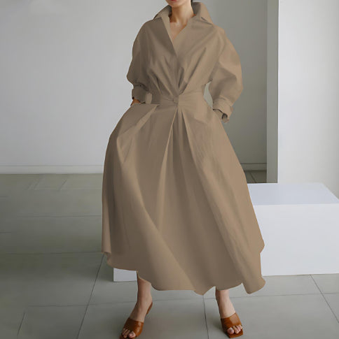Robe Maxi Style Chemisier avec Taille Plissée et Coupe Évasée