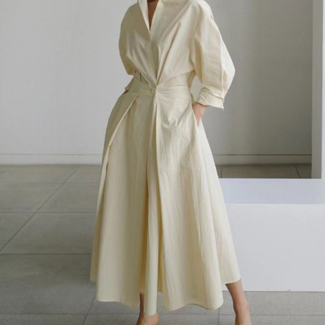 Robe Maxi Style Chemisier avec Taille Plissée et Coupe Évasée
