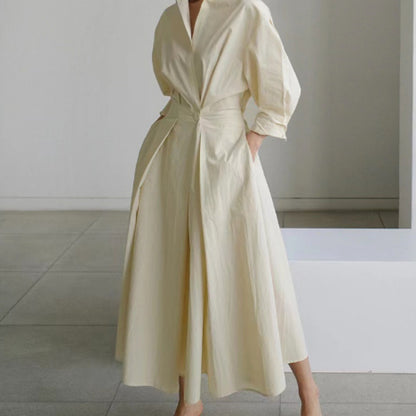 Robe Maxi Style Chemisier avec Taille Plissée et Coupe Évasée