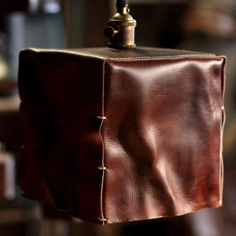 Hand-Shaped Leather Pendant Light — Brass Hardware, Deep Brown