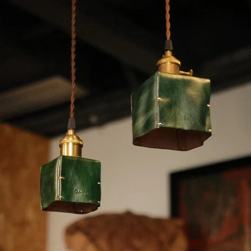 Hand-Shaped Leather Pendant Light — Brass Hardware, Deep Brown