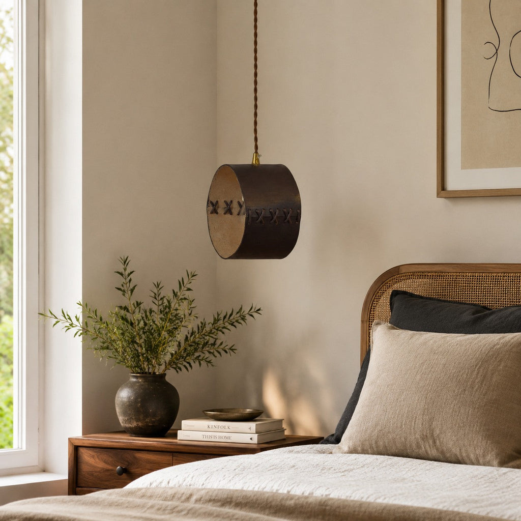 Cylinder Pendant Light — Hand-Laced Leather, Compact Silhouette, Warm Interior Shade