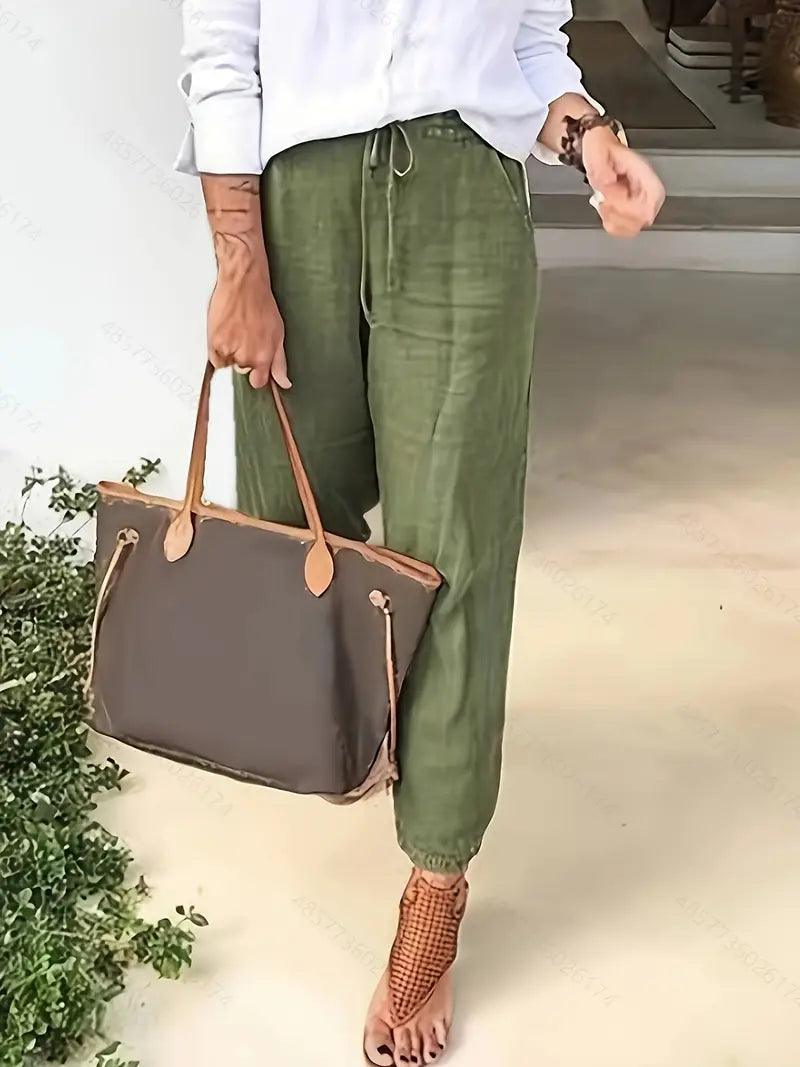 Pantalon Fluide en Coton et Lin - Taille Haute Élastique pour Femme