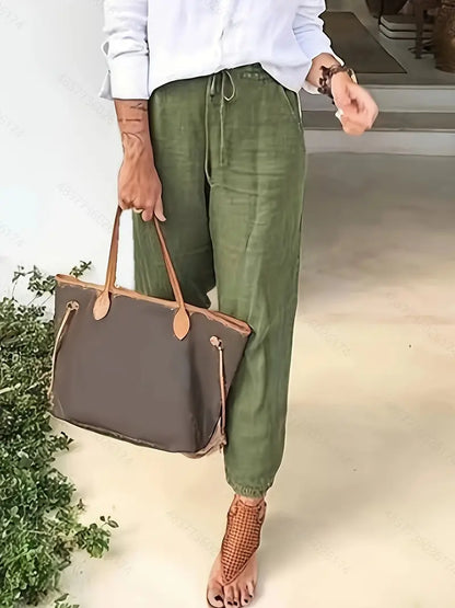 Pantalon Fluide en Coton et Lin - Taille Haute Élastique pour Femme