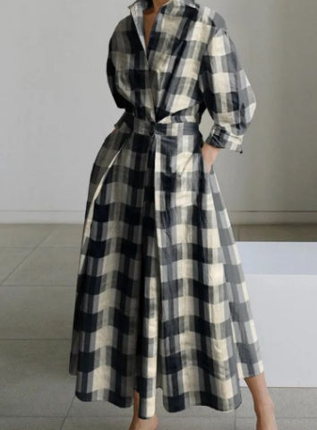 Robe Maxi Style Chemisier avec Taille Plissée et Coupe Évasée