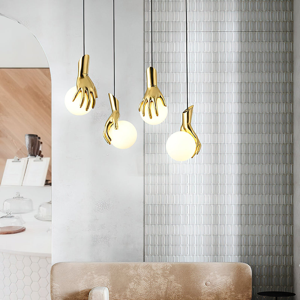 Sculptural Hand And Globe Hanging Lamp